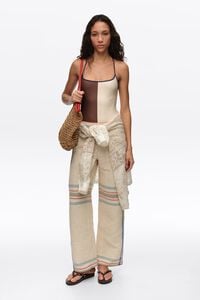 Ecru linen straight ankle length striped trousers