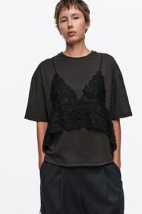 Faded black T-shirt top with lace overlay