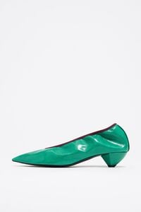 Green leather small heel court shoe