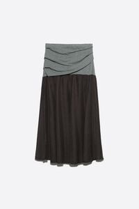 Falda bimateria fruncida l&iacute;nea A gris melange y caf&eacute;