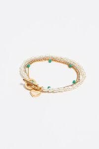 Pulsera doble logo, coraz&oacute;n, cadena y perlas dorado