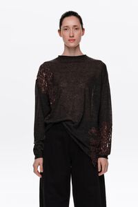 Dark gray wool high neck sweater with lace detailing