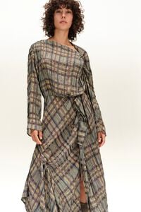 Vestido midi plisado fruncido de cuadros caqui
