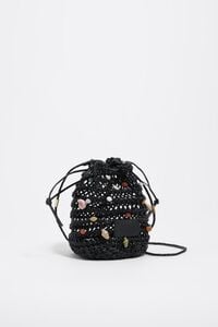Bolsa bucket mini trenzada piel piedras naturales negro