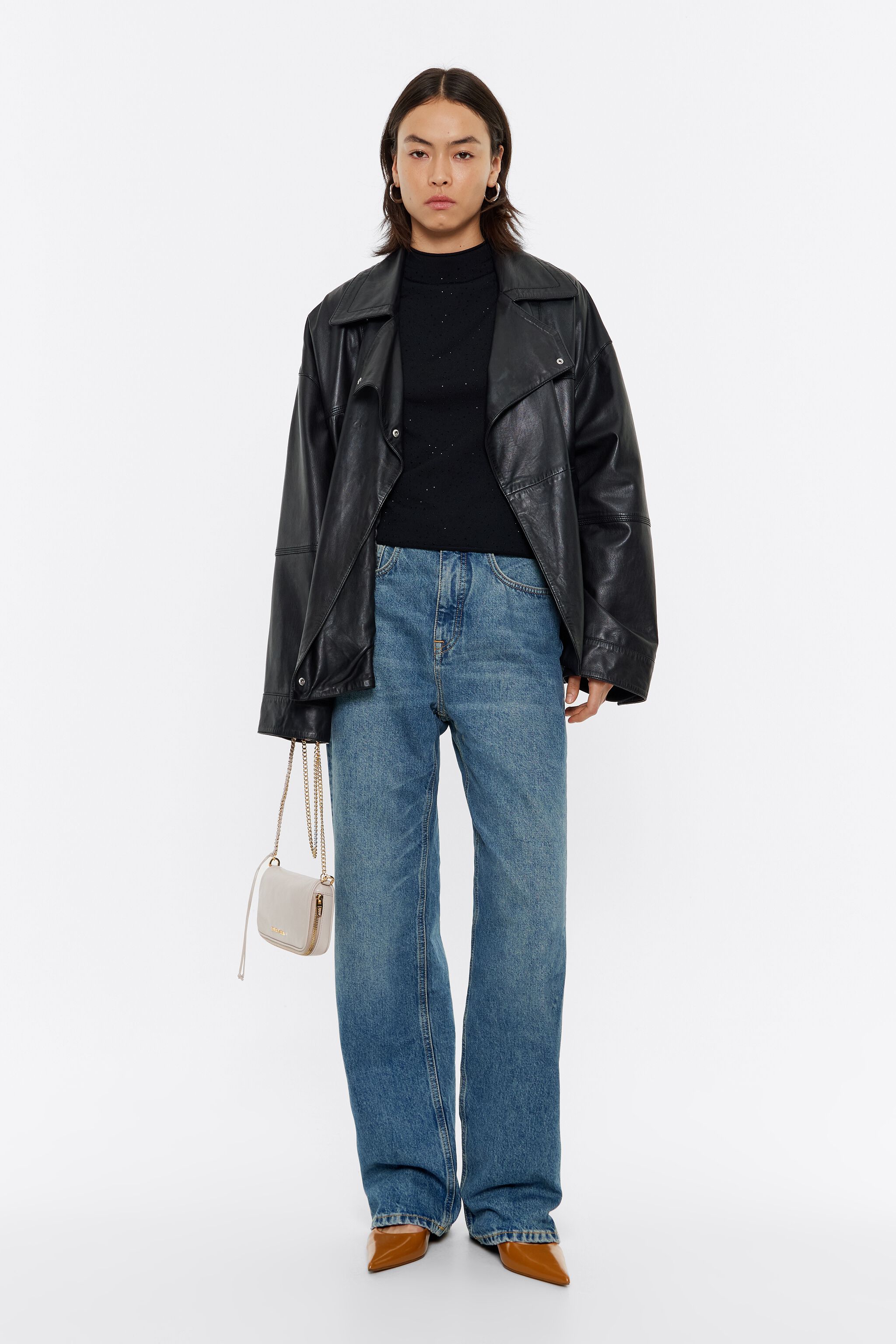 Black sweater with leather sleeves clearance