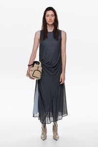 Blue checked layered dress with ruching