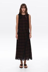 Dark brown checked midi dress with lace details