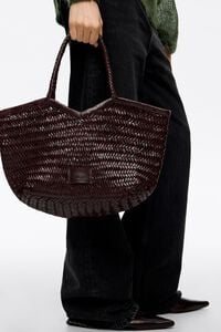 Large braided eggplant leather shopper bag