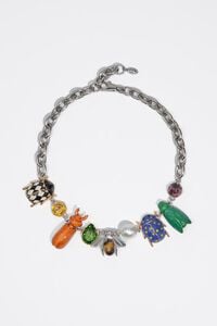 Silver enamel beetle necklace with crystals