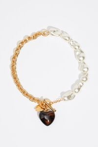 Collar cadena y perlas con coraz&oacute;n resina &aacute;mbar