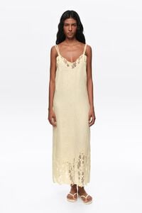 Light yellow washed linen lace V-neck dress