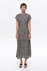 Dark brown checked patchwork dress with raw-edge detailing