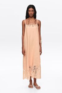 Vestido midi encaje de lino lavado naranja