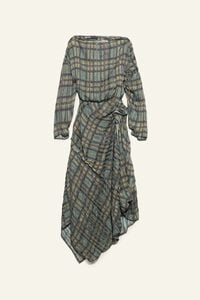 Vestido midi plisado fruncido de cuadros caqui