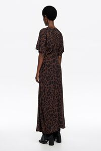 Dark Brown Big Leopard gathered short sleeve dress