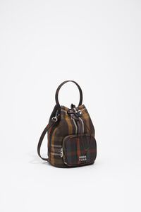 Coated chocolate green tartan bucket bag