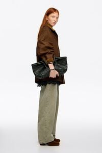 Large braided dark green leather shopper bag