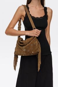 Small olive suede Paper bag with fringing and studs