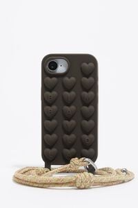 Dark brown silicone iPhone 16e case with rope