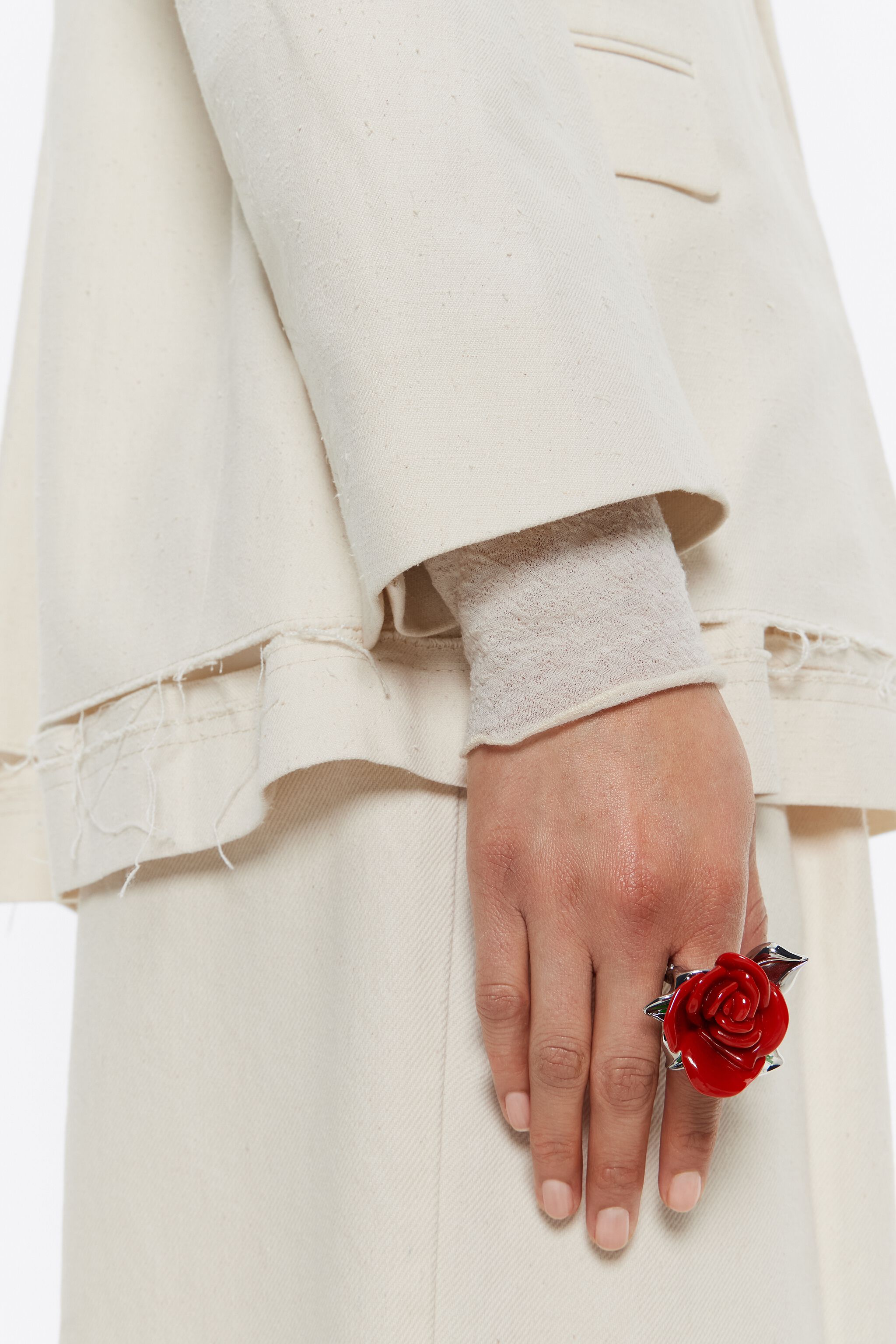 Red resin rose ring with silver leaves