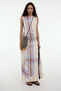 Ivory linen striped sleeveless dress with overlay strap