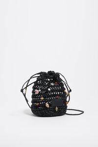 Black mini bucket bag in plaited leather with natural stones