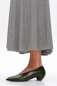 Green leather low heel court shoe