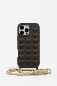 Dark brown silicone iPhone 16 Pro Max case with rope