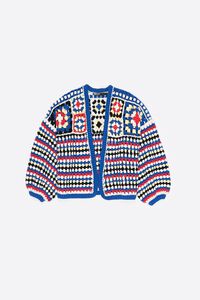 Blue multicolor crochet balloon cardigan