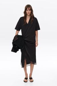 Black two-material T-shirt dress with knot