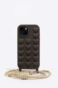 Dark brown silicone iPhone 15 case with rope