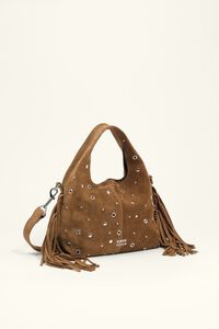 Small olive suede Paper bag with fringing and studs