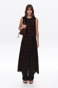Dark brown checked midi dress with lace details