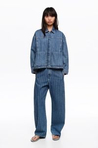 BARREL - Striped blue jeans with buckle