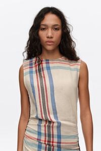 Ivory linen striped sleeveless dress with overlay strap