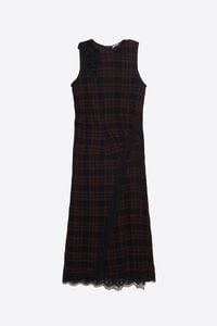Dark brown checked midi dress with lace details