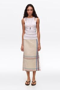Ecru linen straight striped midi wrap skirt