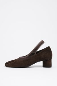 Brown suede and tricot court shoe