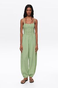 Jumpsuit fruncido y bombacho cuadros verdes