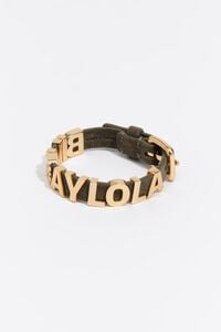 Gold logo bracelet with olive suede strap