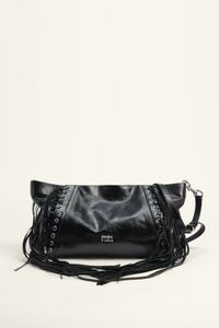 Large black suede fringed clutch bag