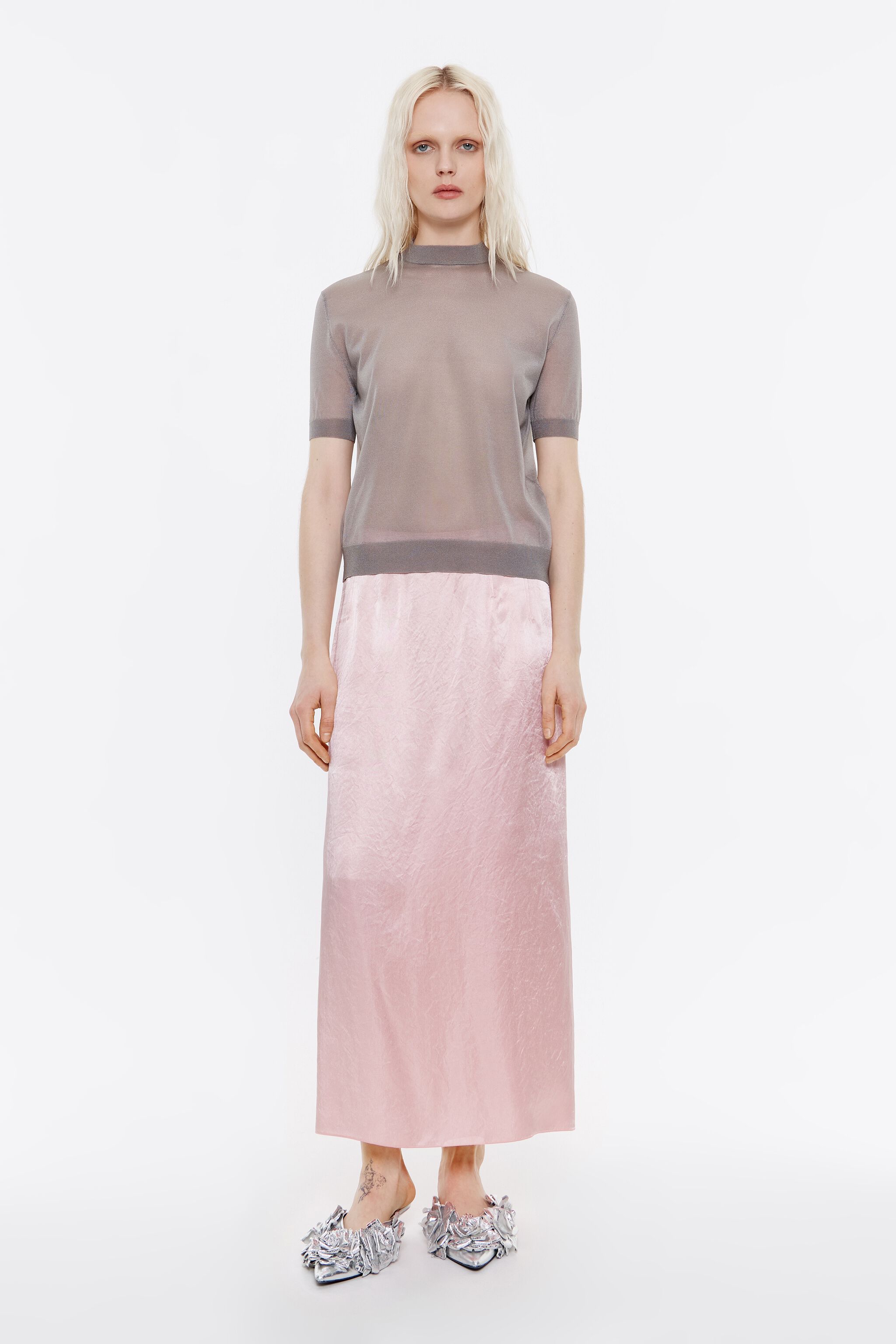 Pink satin midi skirt