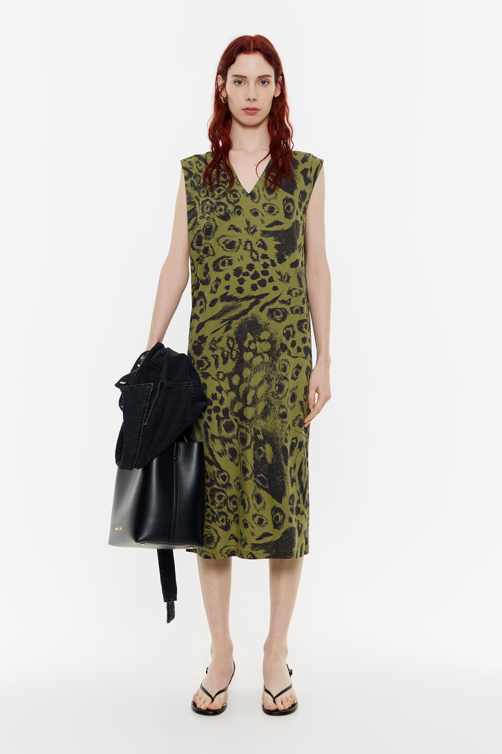 Green Animal Mix cotton midi dress