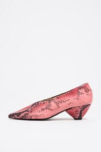 Pink leather medium heel snake print court shoe