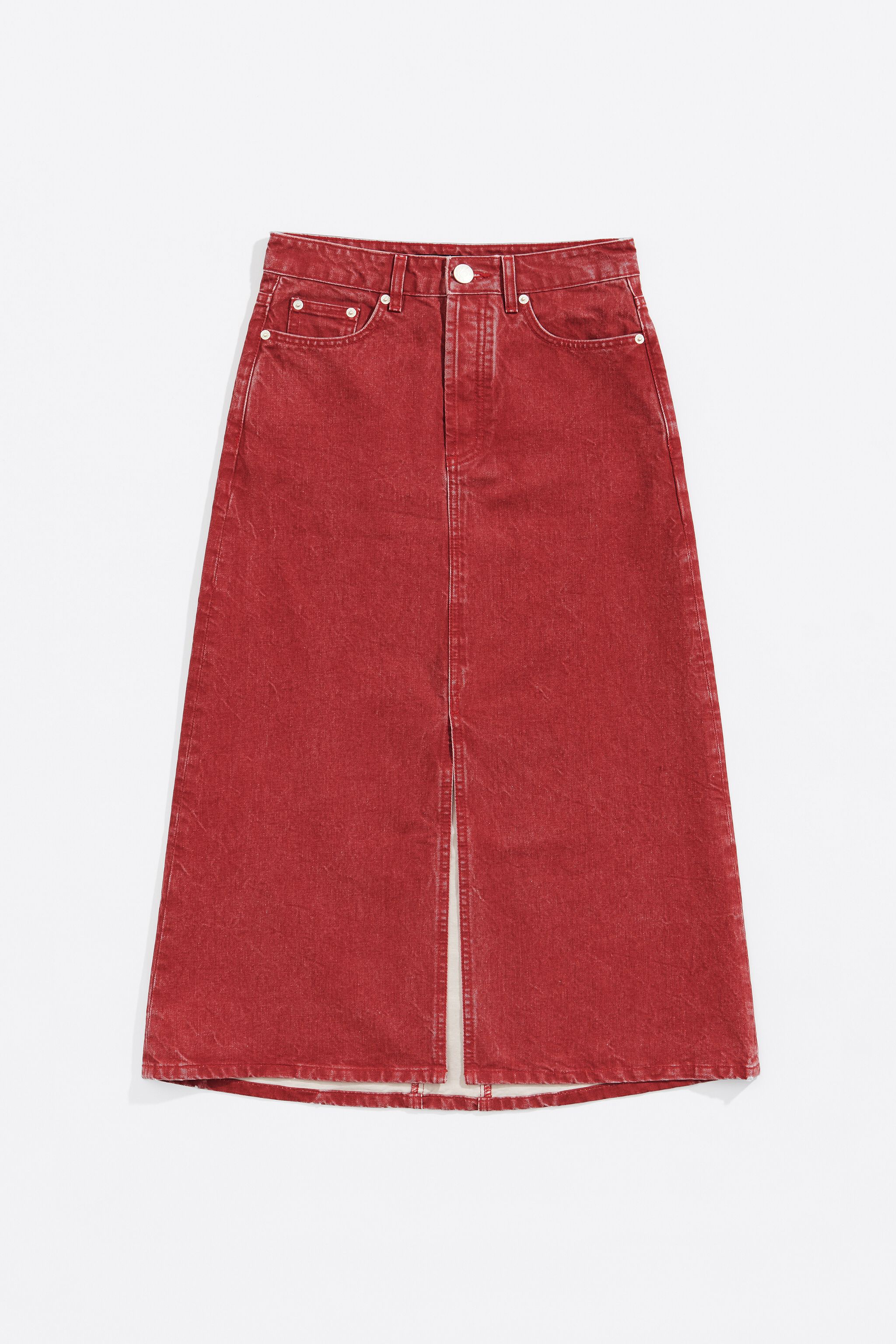 Red A line denim midi skirt