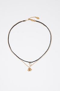 Collar doble cadena cristales negros abeja dorado envejecido