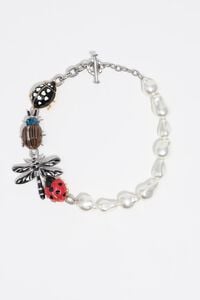 Collar cadena y perlas con escarabajo y libélula plateado