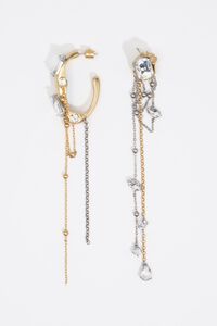 Two-tone earrings with inlaid crystals and chains