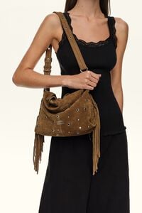 Small olive suede Paper bag with fringing and studs