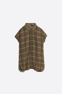 Camisa manga ca&iacute;da cuadros caqui